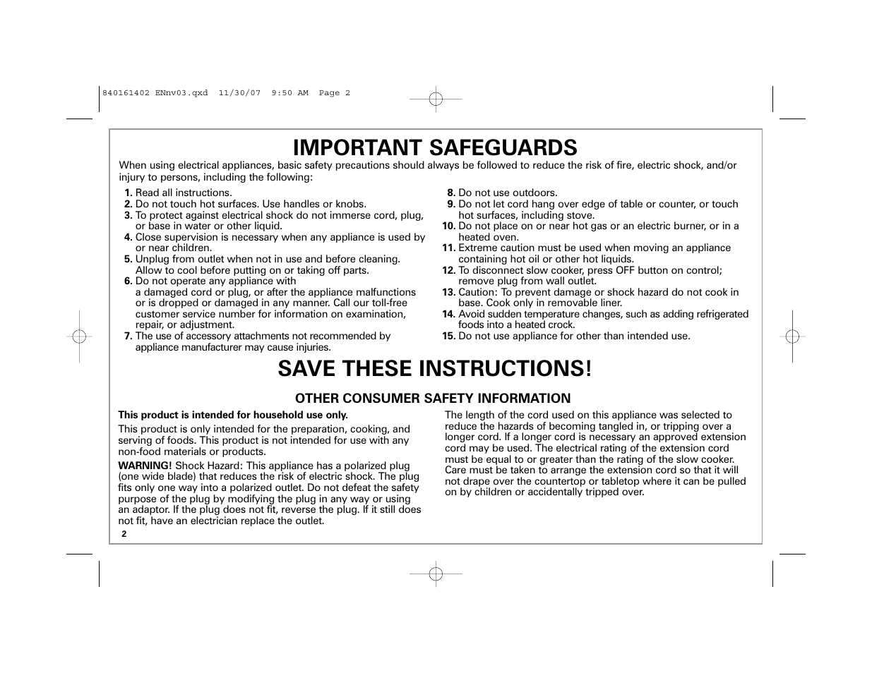 Important safeguards, Save these instructions | Hamilton Beach 840161402 User Manual | Page 2 / 44