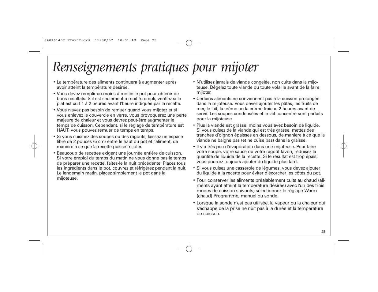 Renseignements pratiques pour mijoter | Hamilton Beach 840161402 User Manual | Page 25 / 44