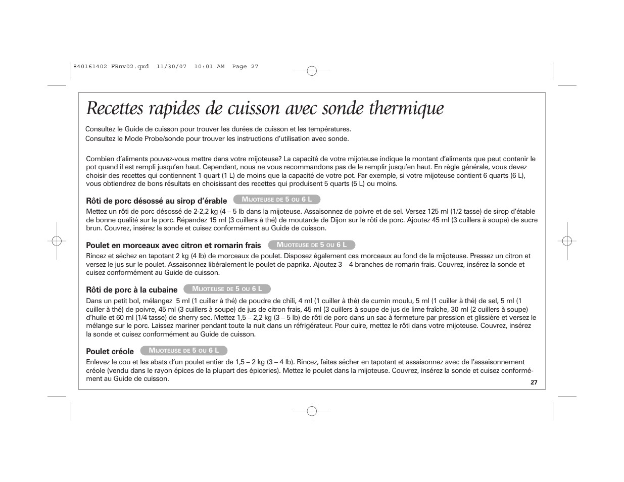Recettes rapides de cuisson avec sonde thermique | Hamilton Beach 840161402 User Manual | Page 27 / 44