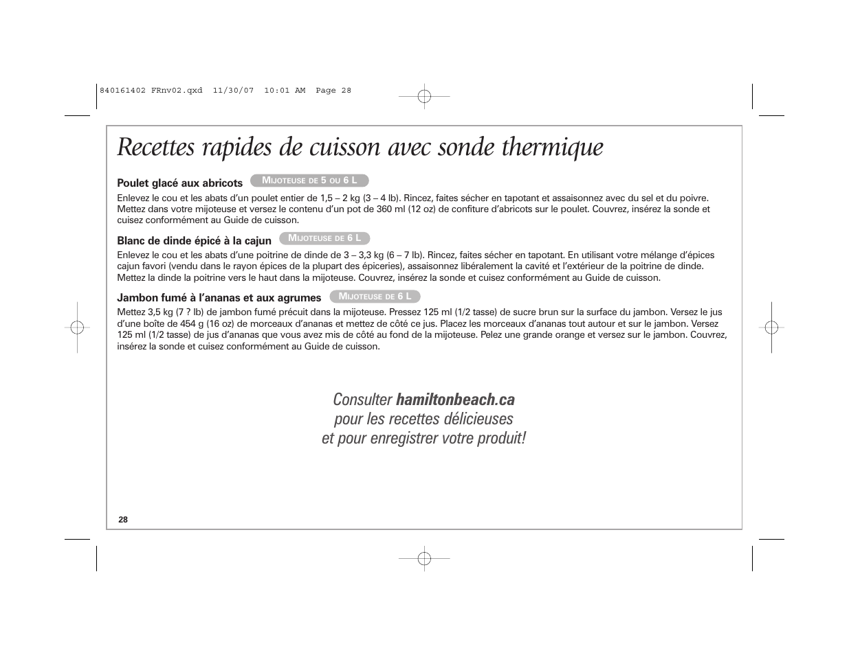Recettes rapides de cuisson avec sonde thermique | Hamilton Beach 840161402 User Manual | Page 28 / 44