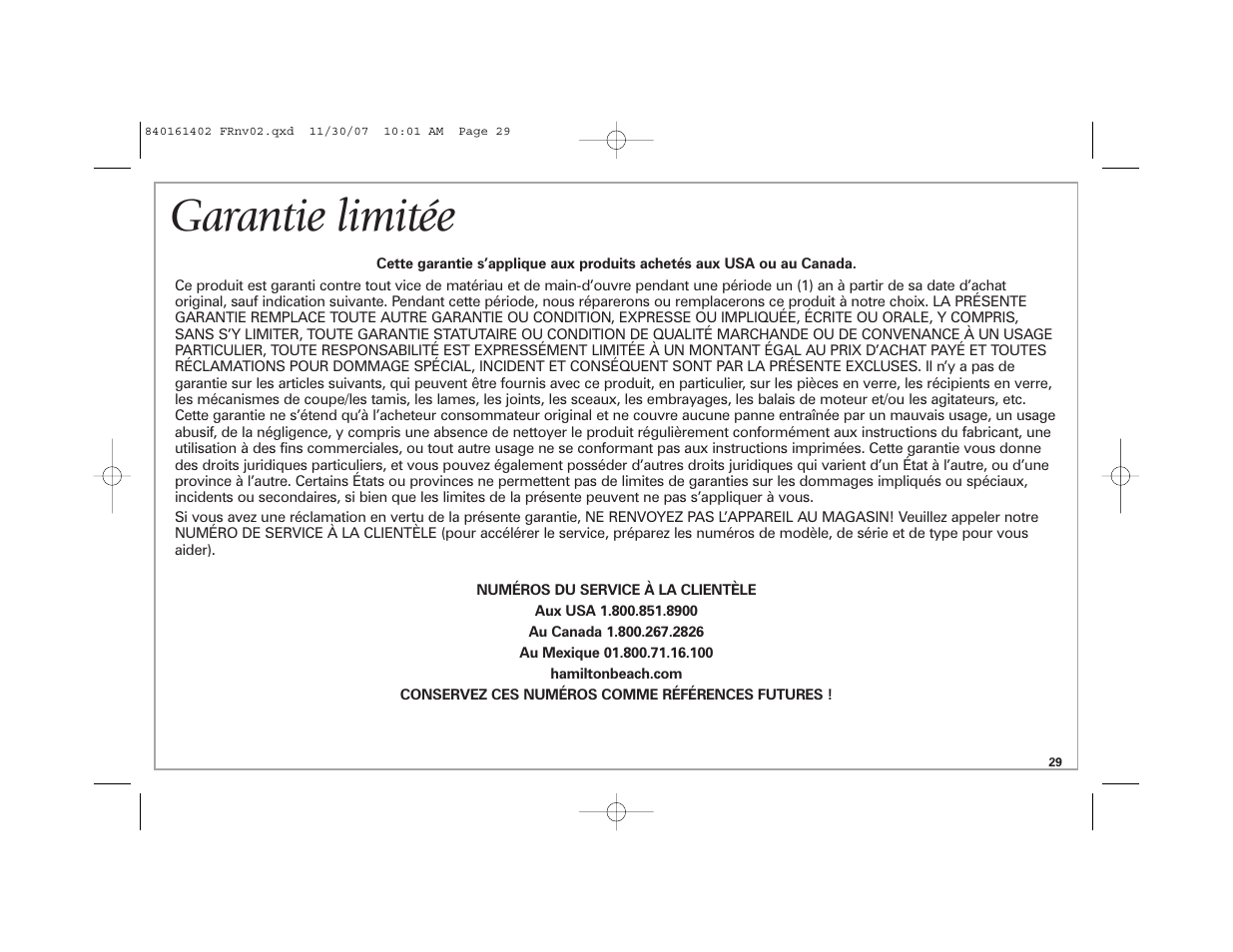 Garantie limitée | Hamilton Beach 840161402 User Manual | Page 29 / 44