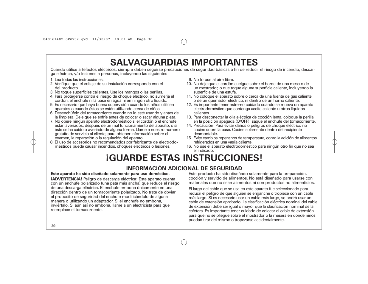 Salvaguardias importantes, Guarde estas instrucciones | Hamilton Beach 840161402 User Manual | Page 30 / 44