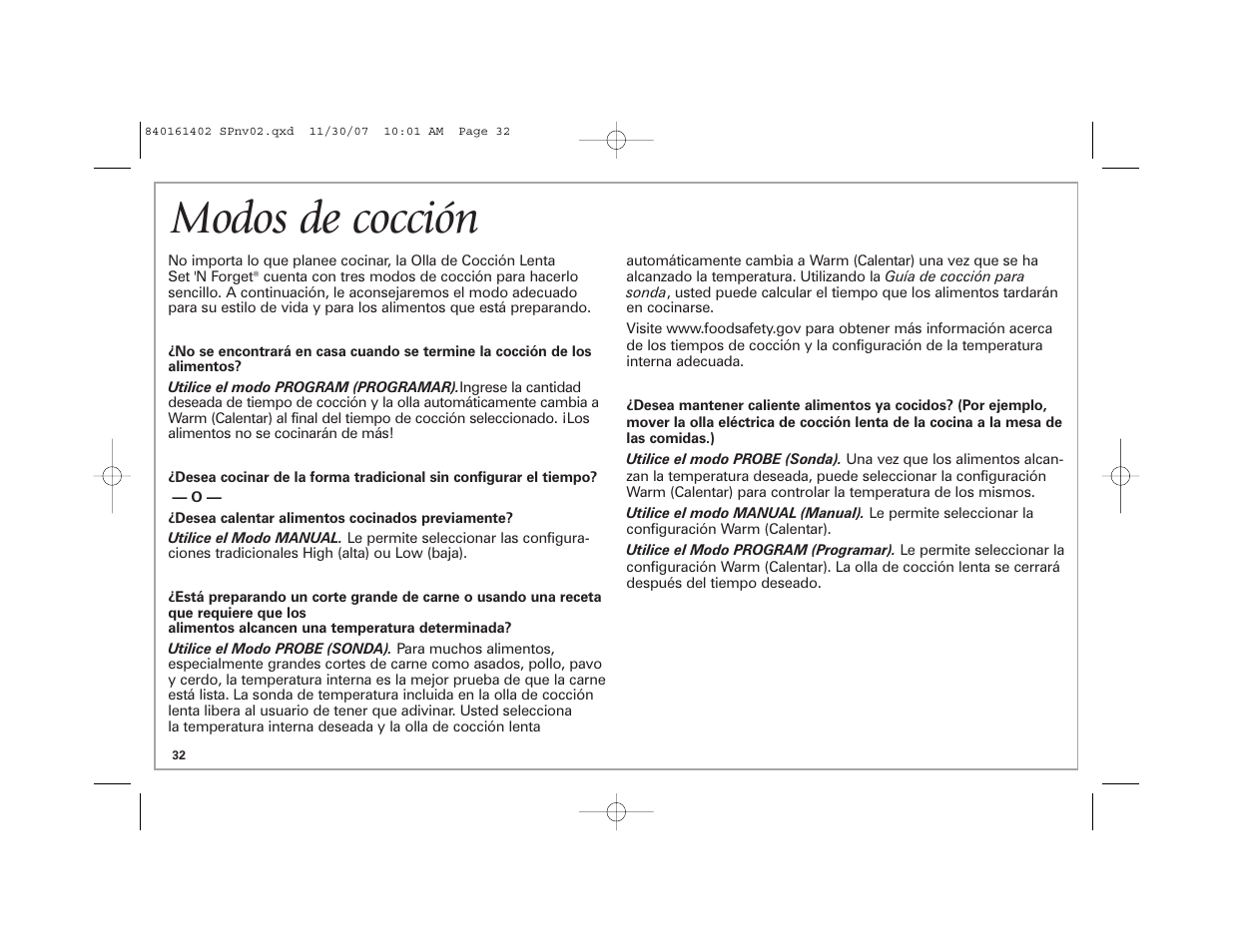 Modos de cocción | Hamilton Beach 840161402 User Manual | Page 32 / 44