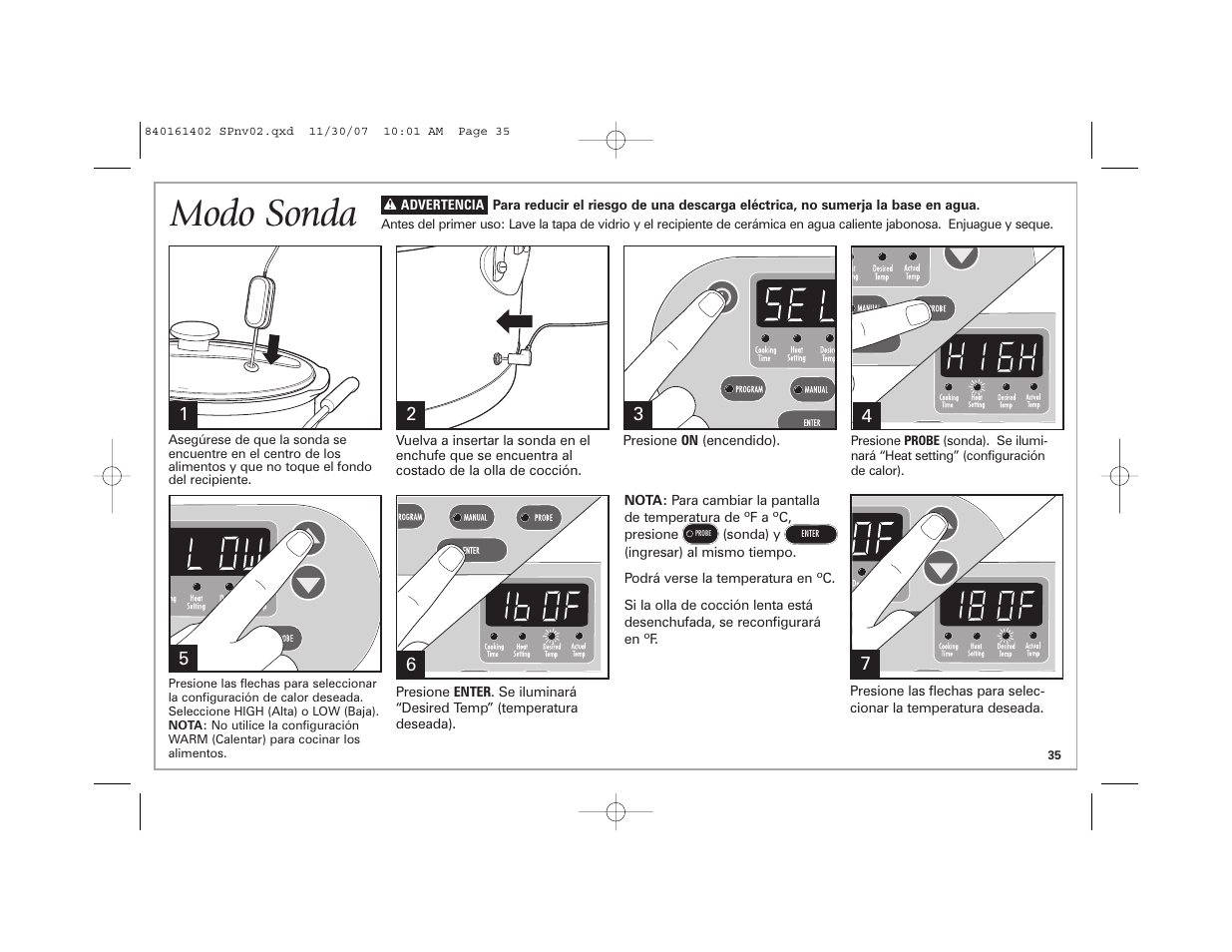 Modo sonda | Hamilton Beach 840161402 User Manual | Page 35 / 44