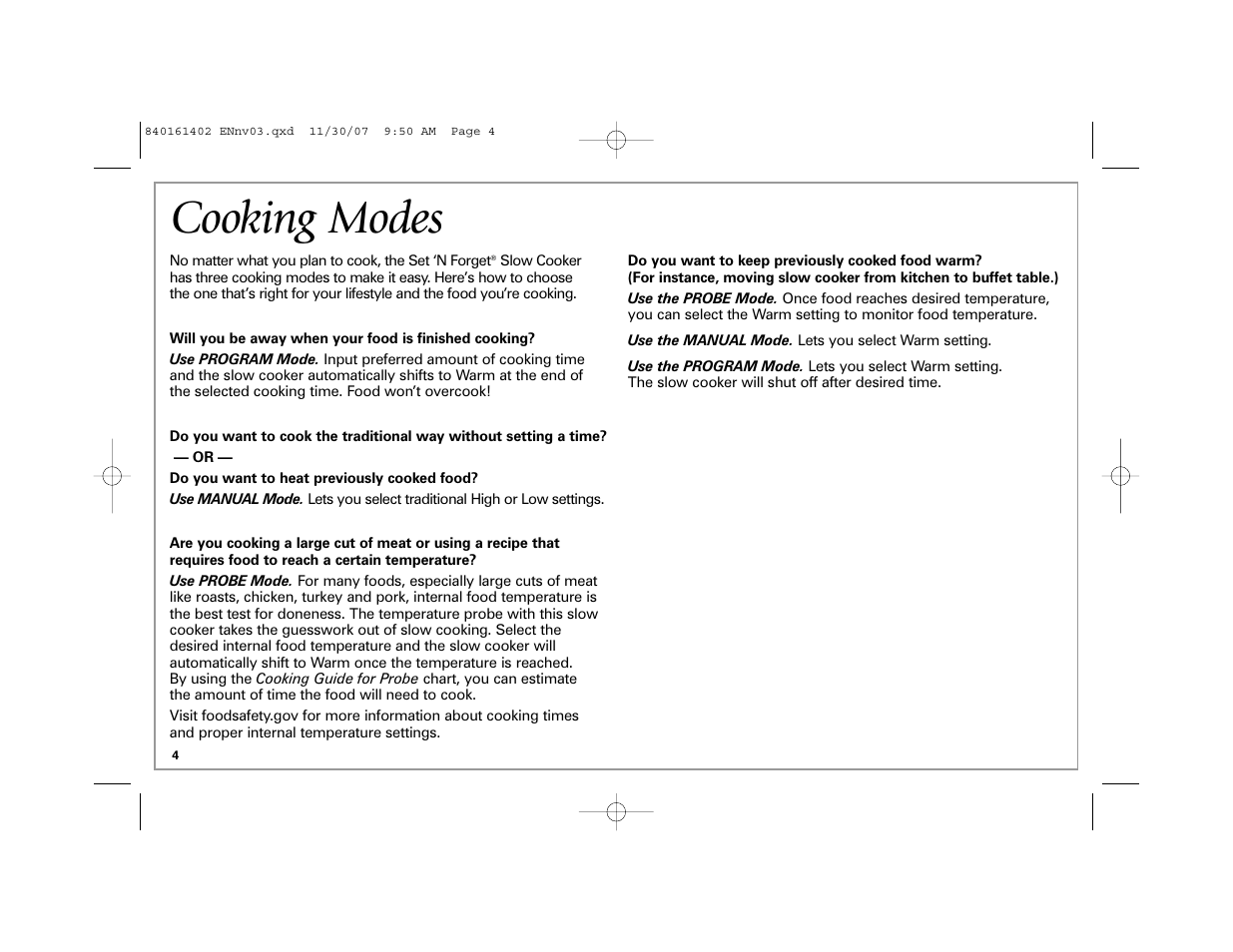 Cooking modes | Hamilton Beach 840161402 User Manual | Page 4 / 44