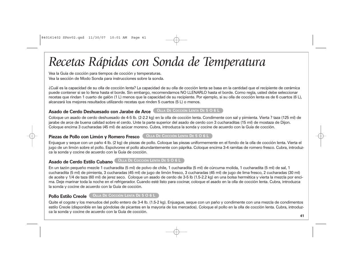 Recetas rápidas con sonda de temperatura | Hamilton Beach 840161402 User Manual | Page 41 / 44
