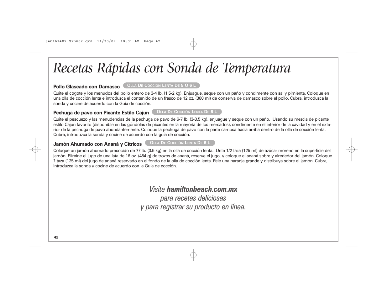 Recetas rápidas con sonda de temperatura | Hamilton Beach 840161402 User Manual | Page 42 / 44