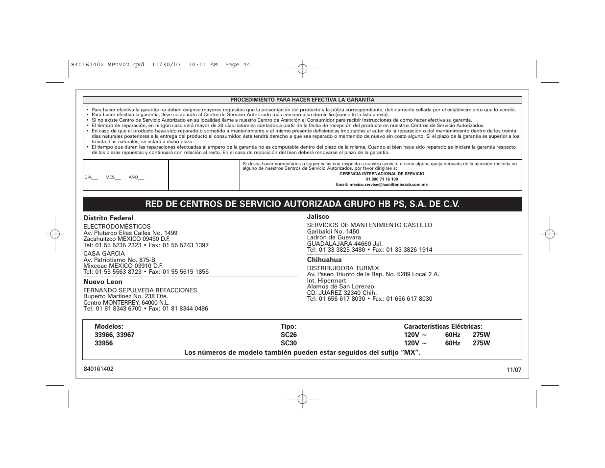 Hamilton Beach 840161402 User Manual | Page 44 / 44