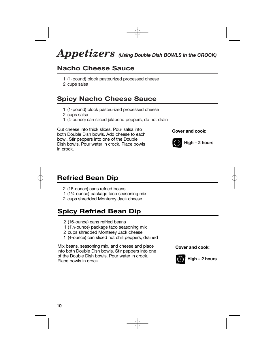 Appetizers, Nacho cheese sauce, Spicy nacho cheese sauce | Refried bean dip, Spicy refried bean dip | Hamilton Beach 33158 User Manual | Page 10 / 36