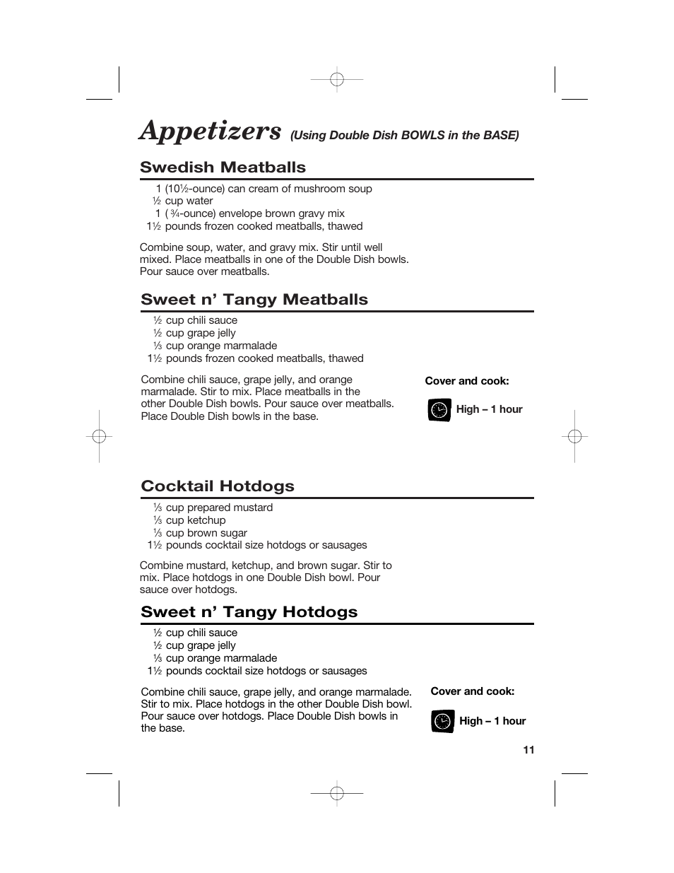 Appetizers, Swedish meatballs, Cocktail hotdogs | Sweet n’ tangy meatballs, Sweet n’ tangy hotdogs, Using double dish bowls in the base) | Hamilton Beach 33158 User Manual | Page 11 / 36