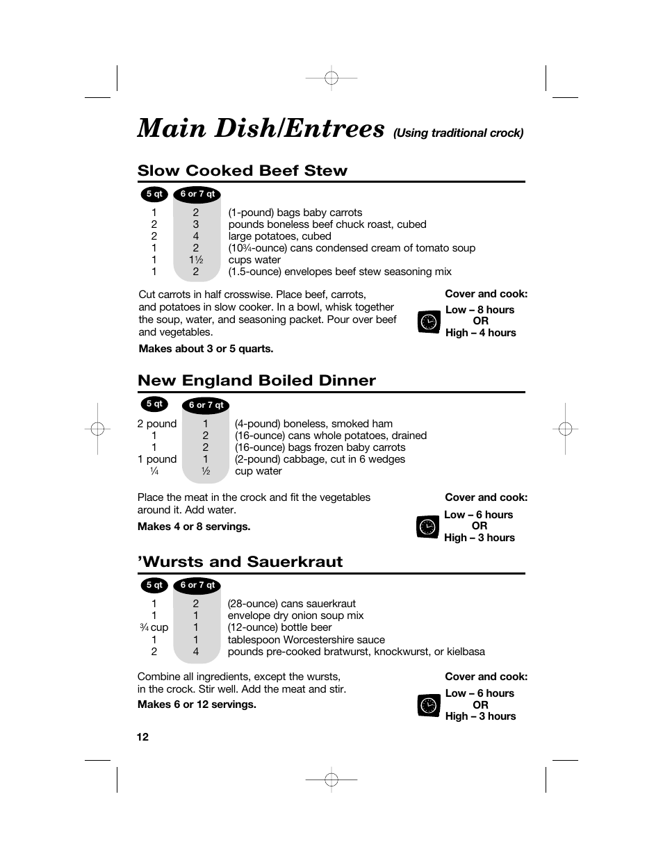 Main dish/entrees, Slow cooked beef stew, New england boiled dinner | Wursts and sauerkraut | Hamilton Beach 33158 User Manual | Page 12 / 36