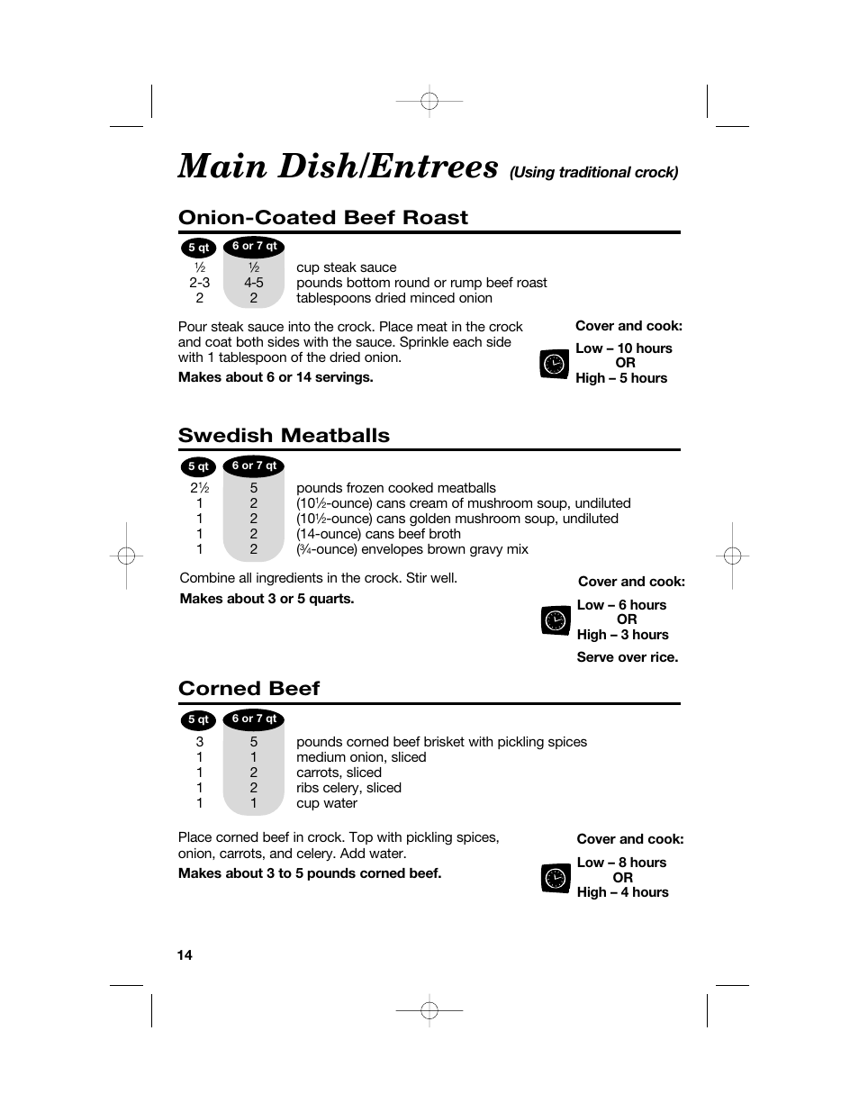 Main dish/entrees, Onion-coated beef roast, Swedish meatballs | Corned beef | Hamilton Beach 33158 User Manual | Page 14 / 36