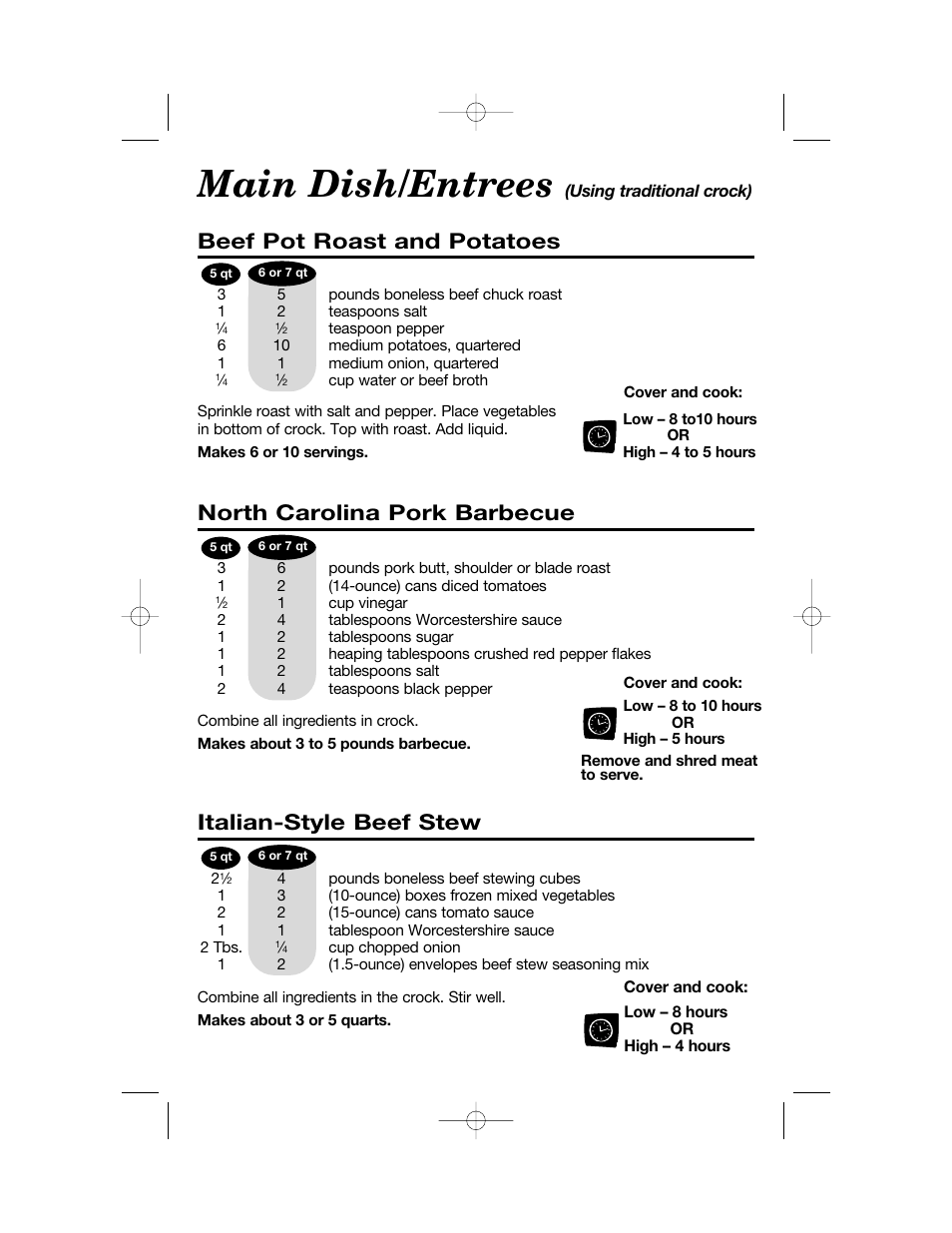 Main dish/entrees, Beef pot roast and potatoes, North carolina pork barbecue | Italian-style beef stew | Hamilton Beach 33158 User Manual | Page 15 / 36