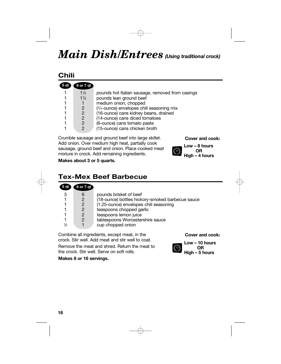Main dish/entrees, Tex-mex beef barbecue, Chili | Hamilton Beach 33158 User Manual | Page 16 / 36