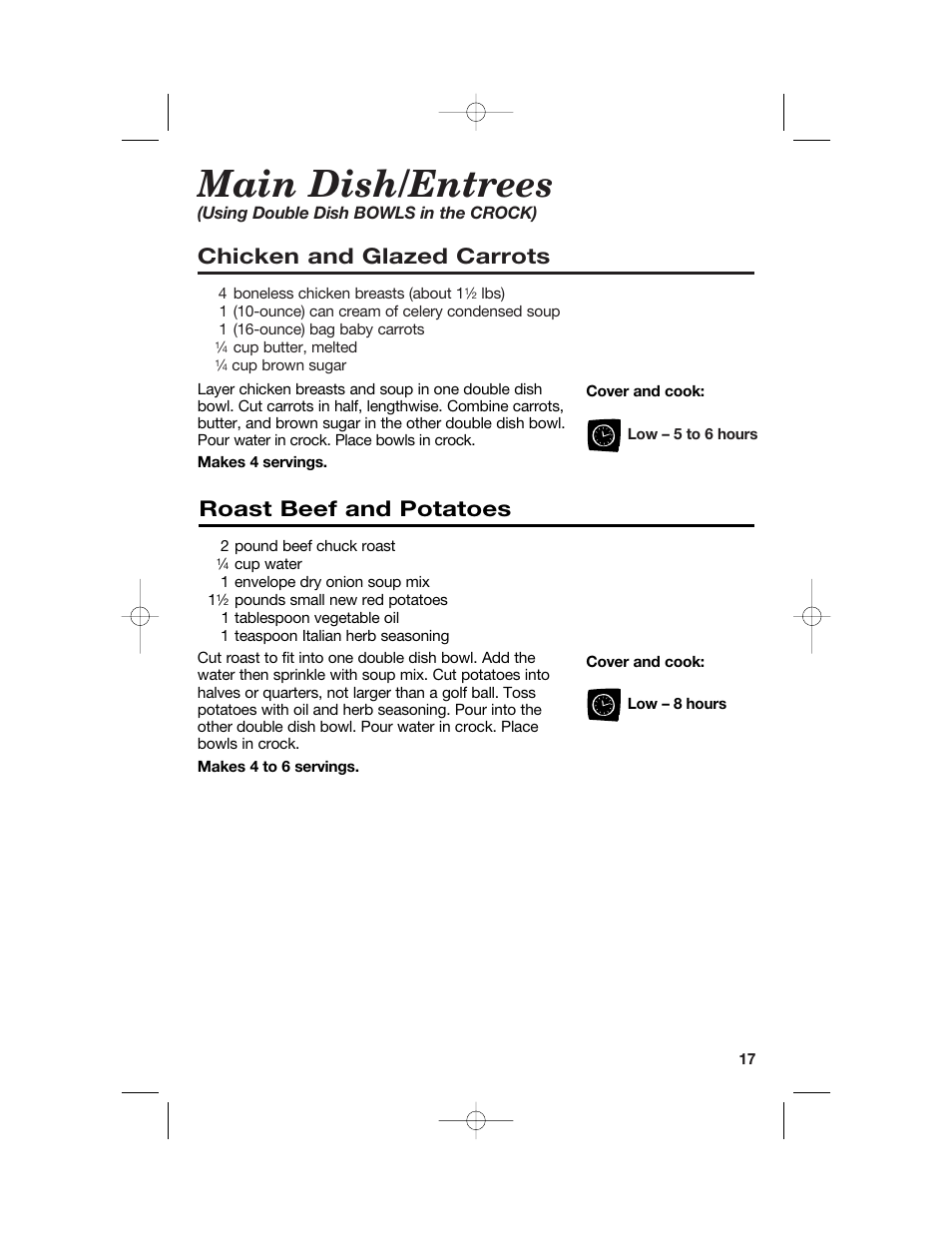 Main dish/entrees, Chicken and glazed carrots, Roast beef and potatoes | Hamilton Beach 33158 User Manual | Page 17 / 36