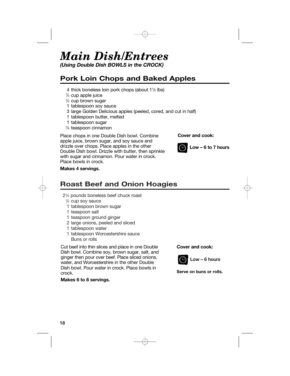 Main dish/entrees, Roast beef and onion hoagies, Pork loin chops and baked apples | Hamilton Beach 33158 User Manual | Page 18 / 36