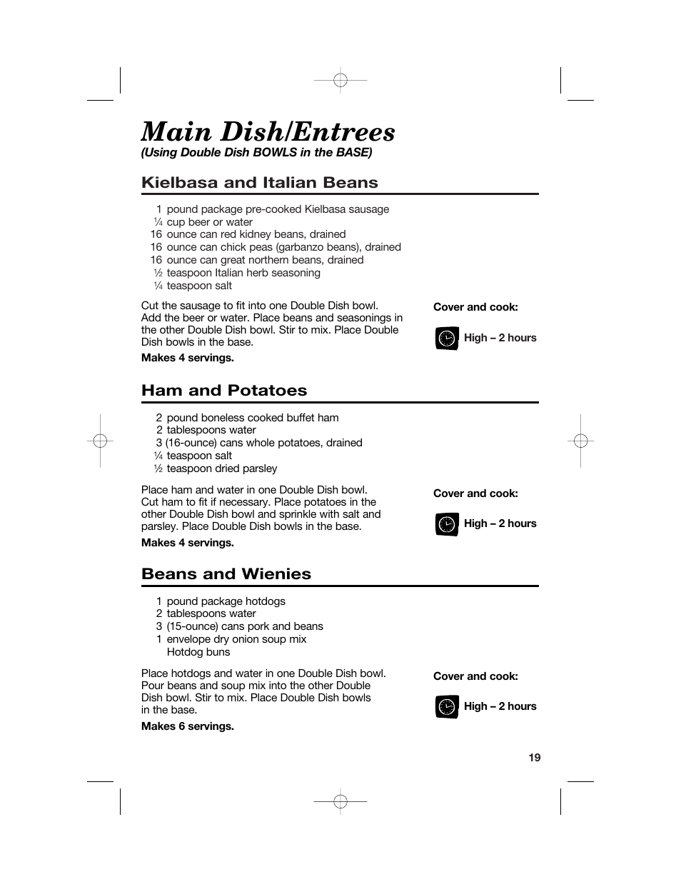 Main dish/entrees, Kielbasa and italian beans, Ham and potatoes | Beans and wienies | Hamilton Beach 33158 User Manual | Page 19 / 36