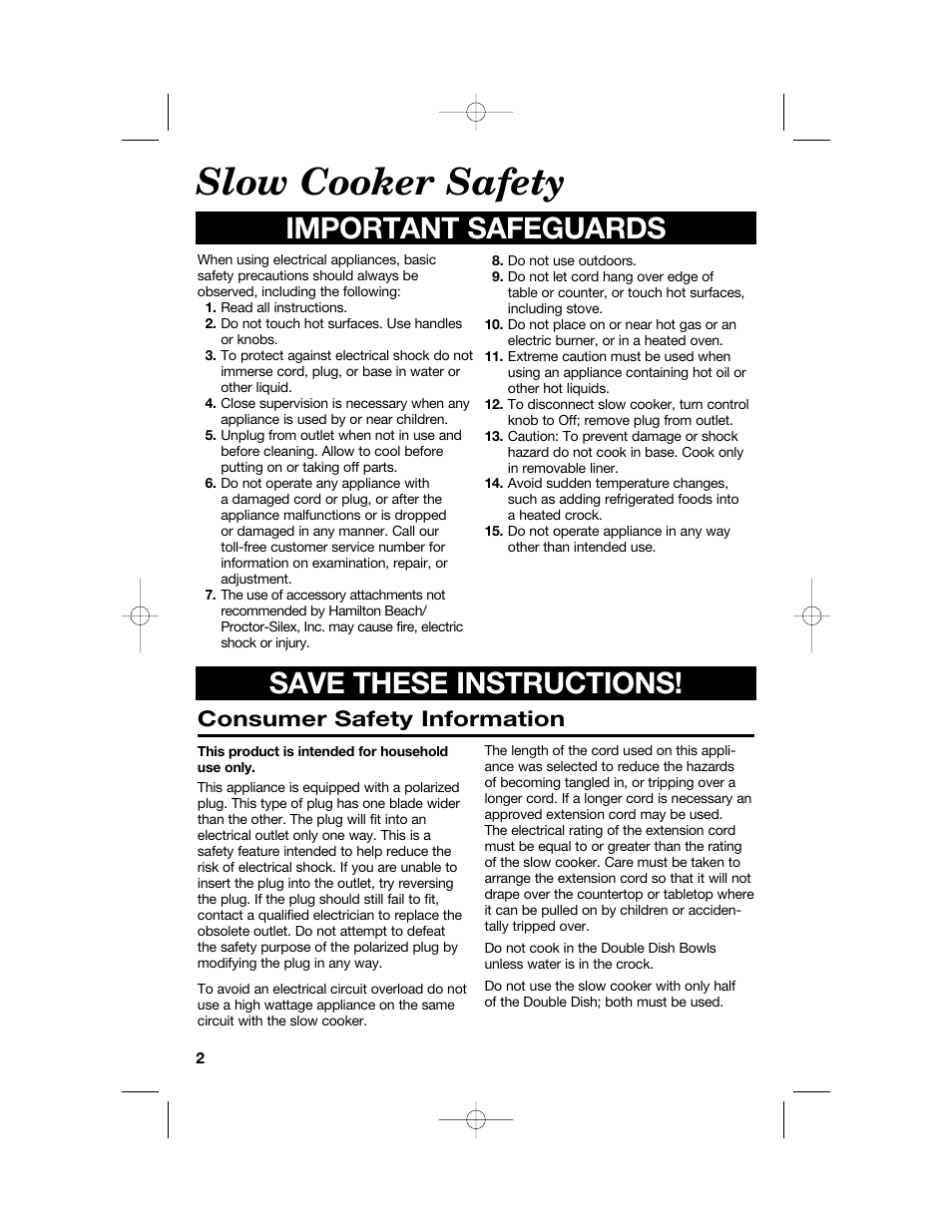 Slow cooker safety, Important safeguards save these instructions, Consumer safety information | Hamilton Beach 33158 User Manual | Page 2 / 36