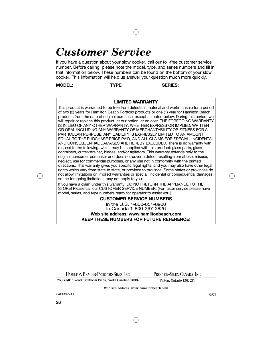 Customer service | Hamilton Beach 33158 User Manual | Page 26 / 36