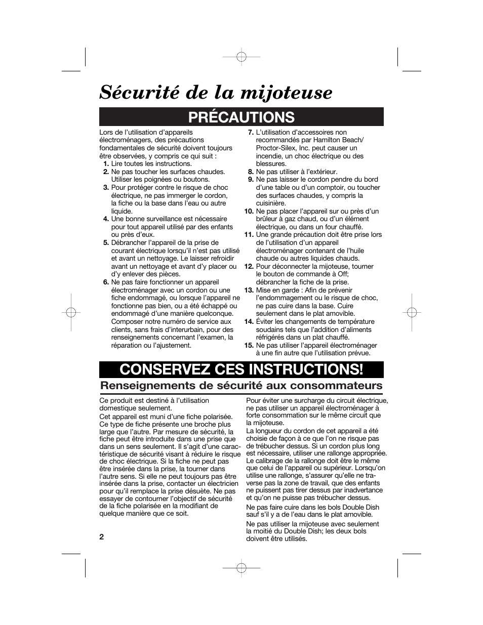 Sécurité de la mijoteuse, Précautions conservez ces instructions, Renseignements de sécurité aux consommateurs | Hamilton Beach 33158 User Manual | Page 28 / 36