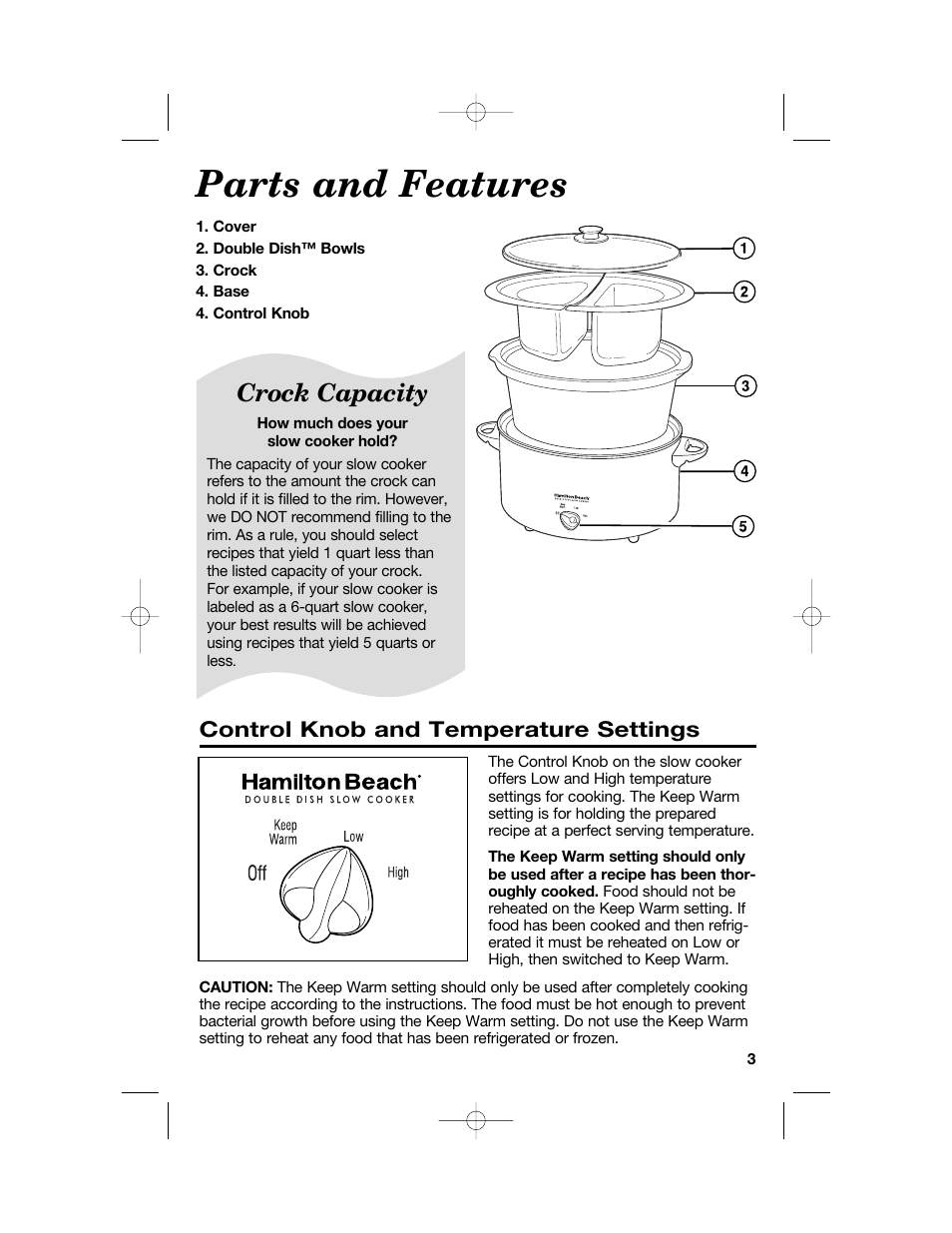 Parts and features, Crock capacity, Control knob and temperature settings | Hamilton Beach 33158 User Manual | Page 3 / 36