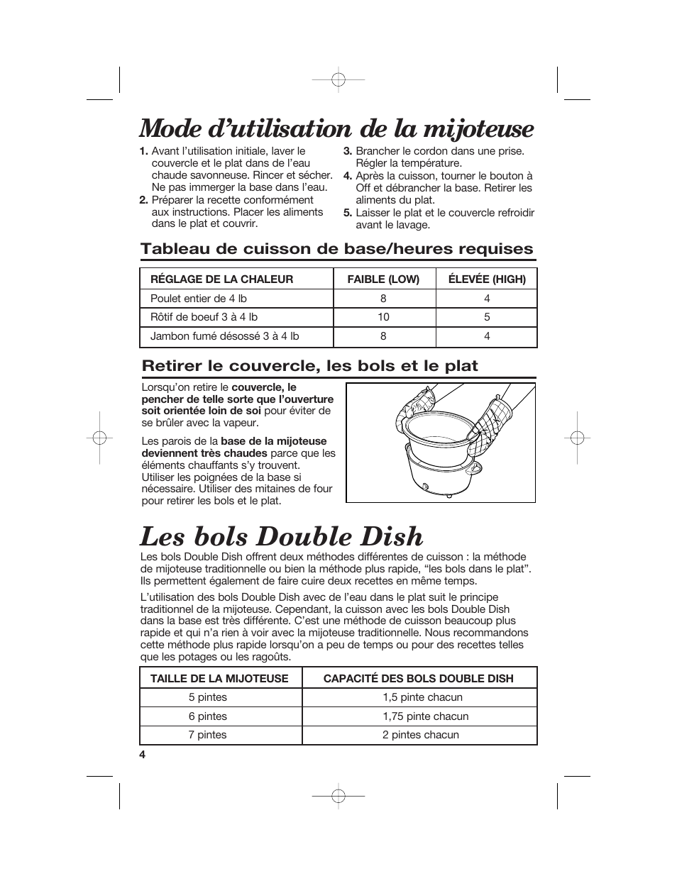 Les bols double dish, Mode d’utilisation de la mijoteuse, Tableau de cuisson de base/heures requises | Retirer le couvercle, les bols et le plat | Hamilton Beach 33158 User Manual | Page 30 / 36