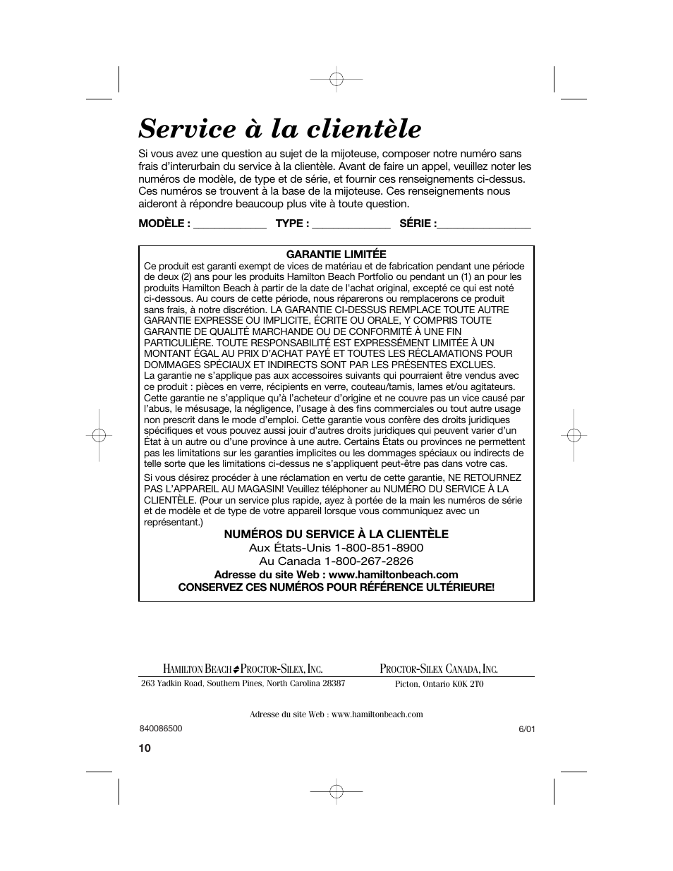 Service à la clientèle | Hamilton Beach 33158 User Manual | Page 36 / 36