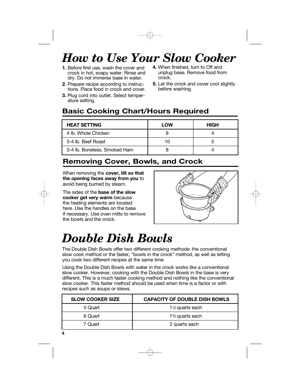 How to use your slow cooker, Double dish bowls, Basic cooking chart/hours required | Removing cover, bowls, and crock | Hamilton Beach 33158 User Manual | Page 4 / 36