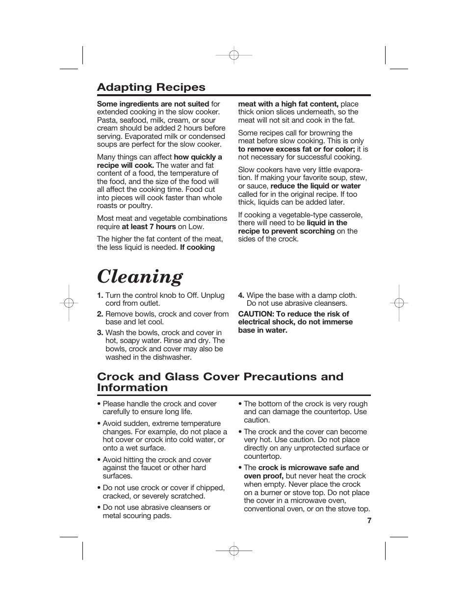 Cleaning, Adapting recipes, Crock and glass cover precautions and information | Hamilton Beach 33158 User Manual | Page 7 / 36