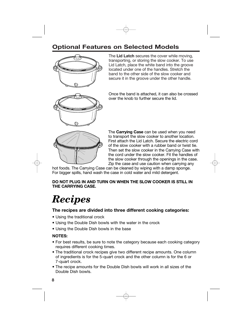 Recipes, Optional features on selected models | Hamilton Beach 33158 User Manual | Page 8 / 36