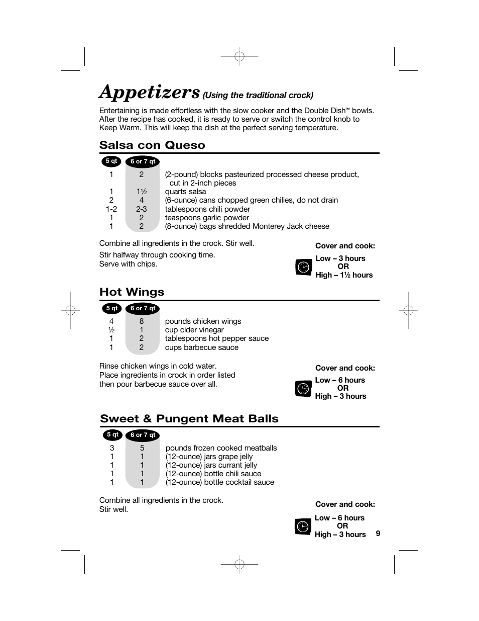 Appetizers, Salsa con queso, Hot wings | Sweet & pungent meat balls | Hamilton Beach 33158 User Manual | Page 9 / 36