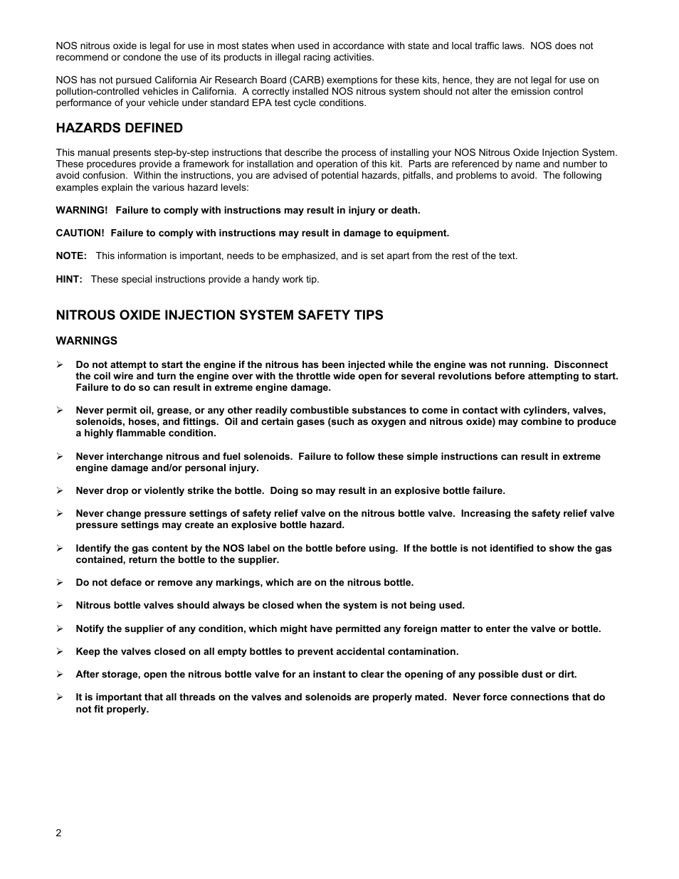 Hazards defined, Nitrous oxide injection system safety tips | Holley 02121NOS User Manual | Page 2 / 20