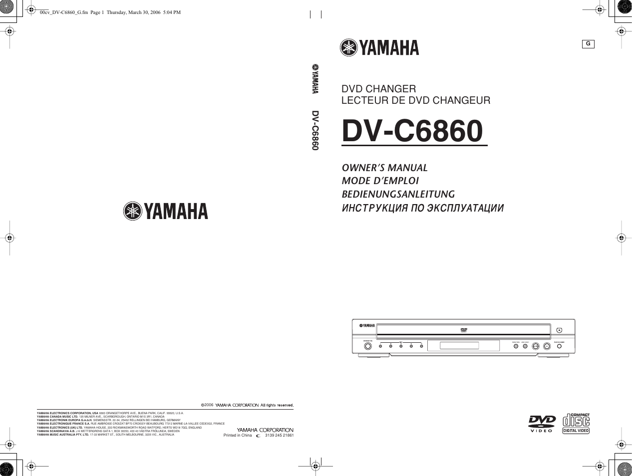 Dvd changer lecteur de dvd changeur, Owner’s manual mode d’emploi, Bedienungsanleitung | Dv-c6860 | Yamaha DV-C6860 User Manual | Page 148 / 148