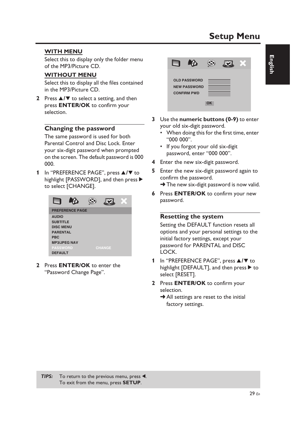 Changing the password, Resetting the system, Changing the password resetting the system | Setup menu | Yamaha DV-C6860 User Manual | Page 33 / 148