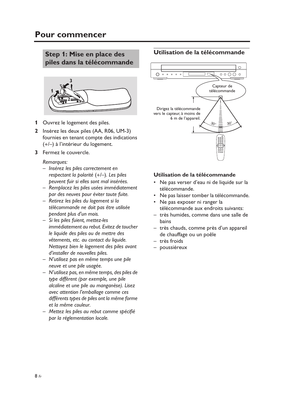 Pour commencer, Utilisation de la télécommande, Mise en place des piles dans la télécommande | Yamaha DV-C6860 User Manual | Page 48 / 148