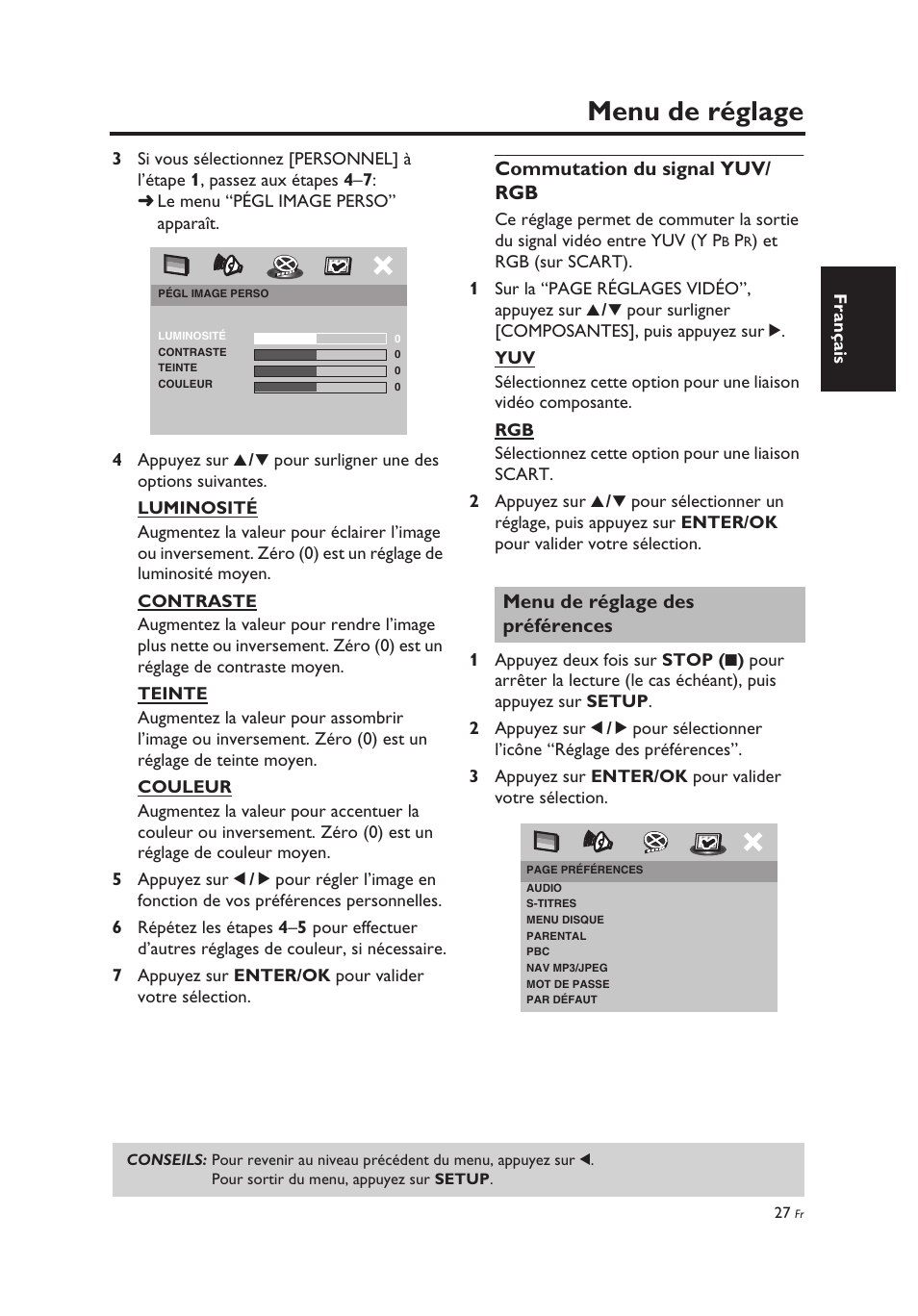 Commutation du signal yuv/ rgb, Menu de réglage des préférences, Commutation du signal yuv/rgb | Menu de réglage | Yamaha DV-C6860 User Manual | Page 67 / 148