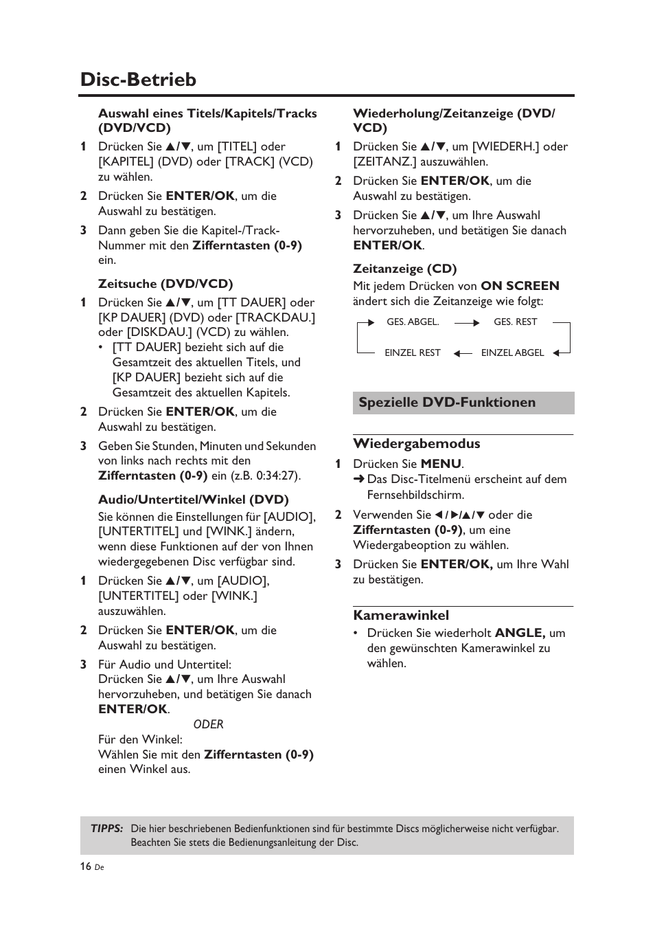 Spezielle dvd-funktionen, Wiedergabemodus, Kamerawinkel | Wiedergabemodus kamerawinkel, Disc-betrieb | Yamaha DV-C6860 User Manual | Page 92 / 148