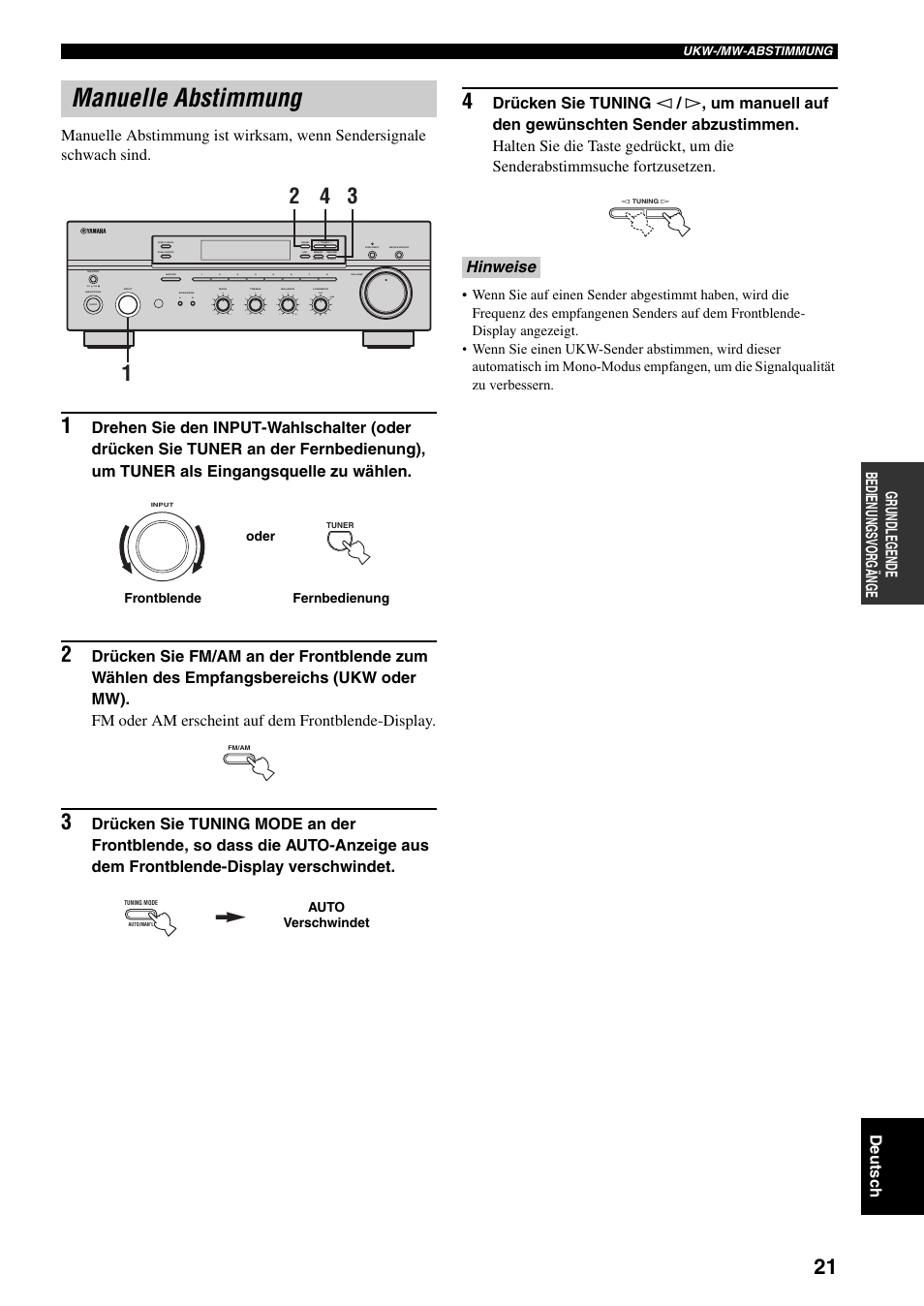 Manuelle abstimmung, Hinweise, On off | Man'l/auto fm, Auto/man'l | Yamaha RX-497 User Manual | Page 103 / 243
