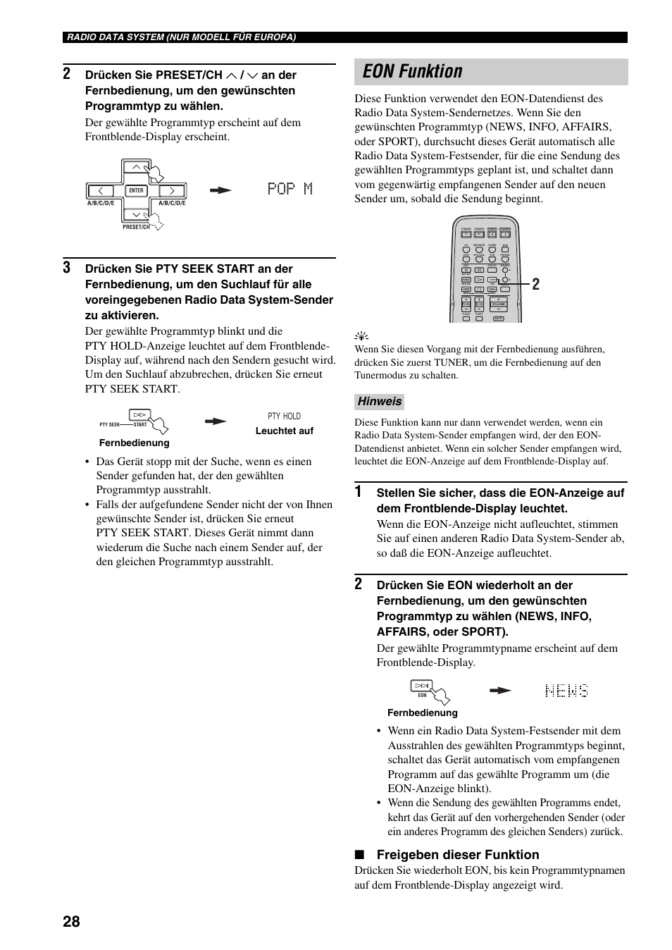 Eon funktion, Pop m, Freigeben dieser funktion | Hinweis | Yamaha RX-497 User Manual | Page 110 / 243