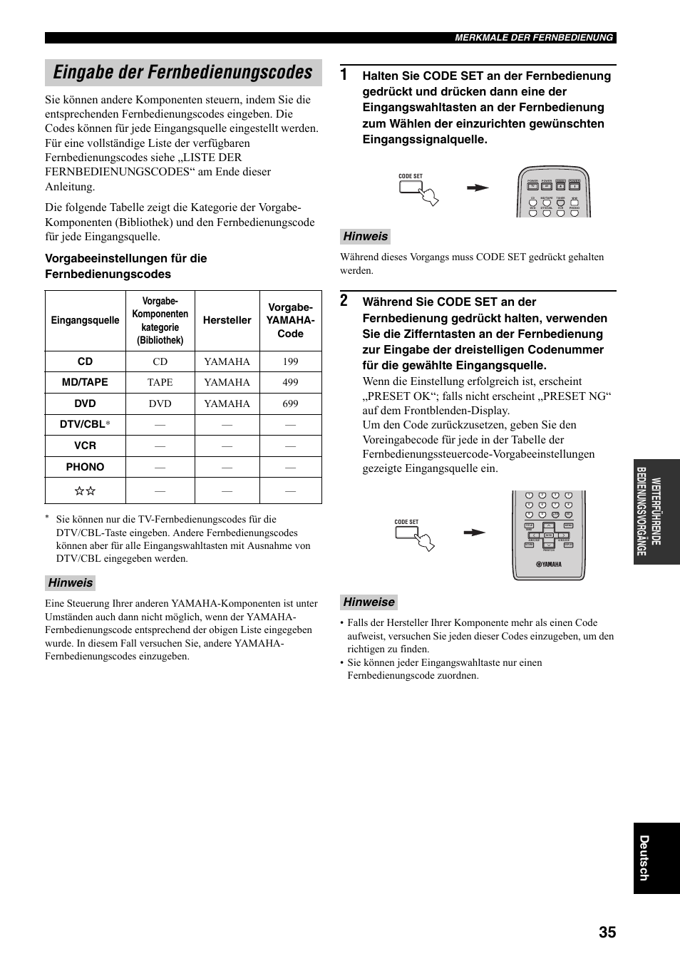 Eingabe der fernbedienungscodes, Hinweis, Hinweis hinweise | Yamaha RX-497 User Manual | Page 117 / 243