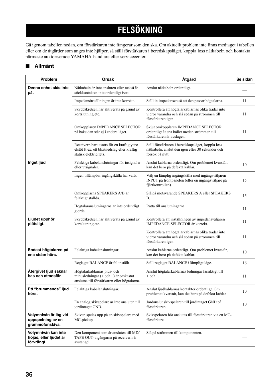 Ytterligare information, Felsökning, Allmänt | Yamaha RX-497 User Manual | Page 158 / 243