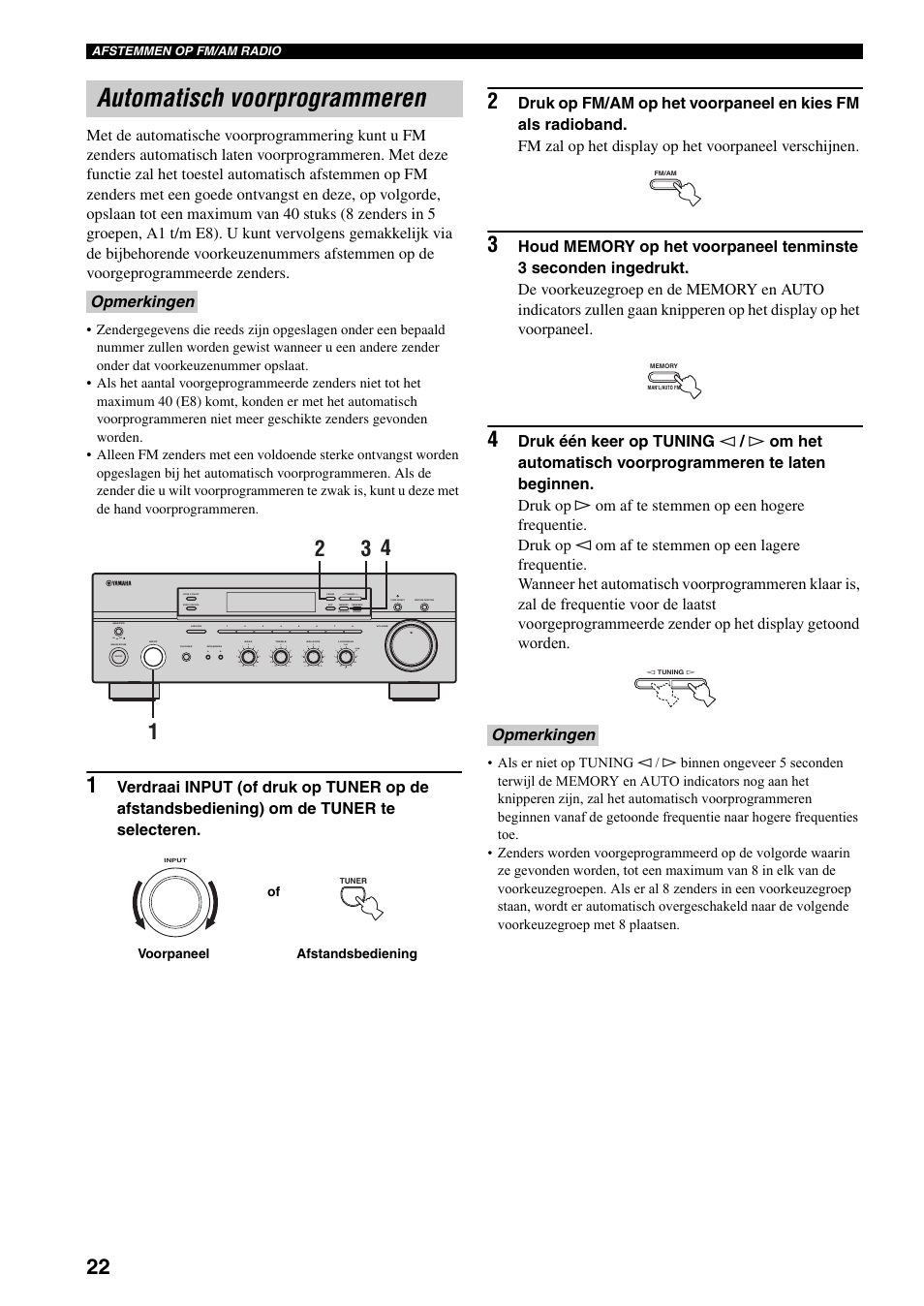 Automatisch voorprogrammeren, Zie bladzijde 22), Opmerkingen | On off, Man'l/auto fm, Auto/man'l | Yamaha RX-497 User Manual | Page 184 / 243