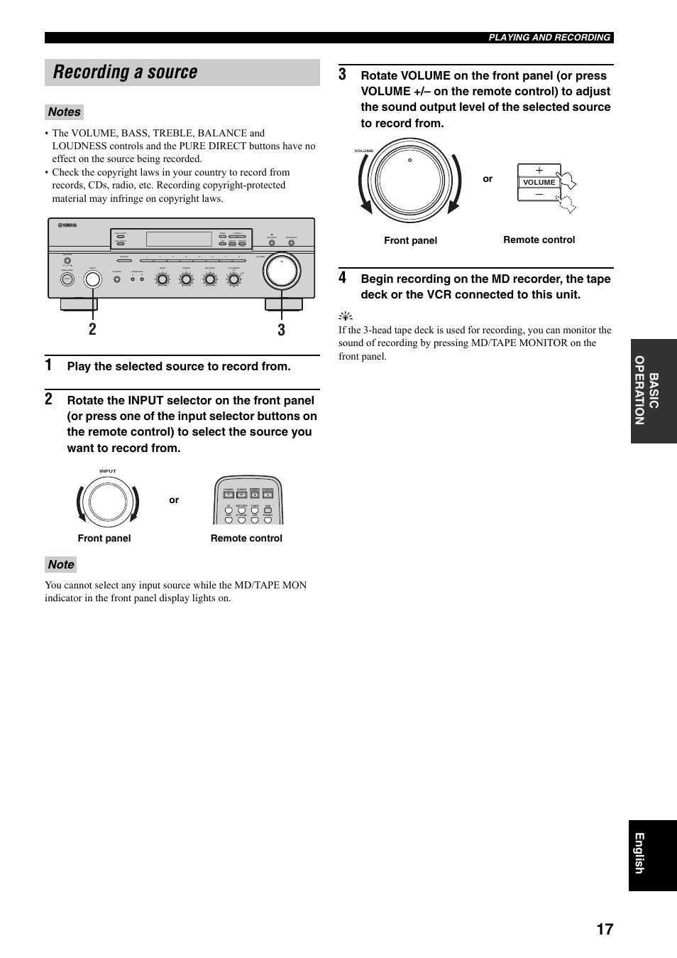 Recording a source, Play the selected source to record from, On off | Man'l/auto fm, Auto/man'l | Yamaha RX-497 User Manual | Page 19 / 243