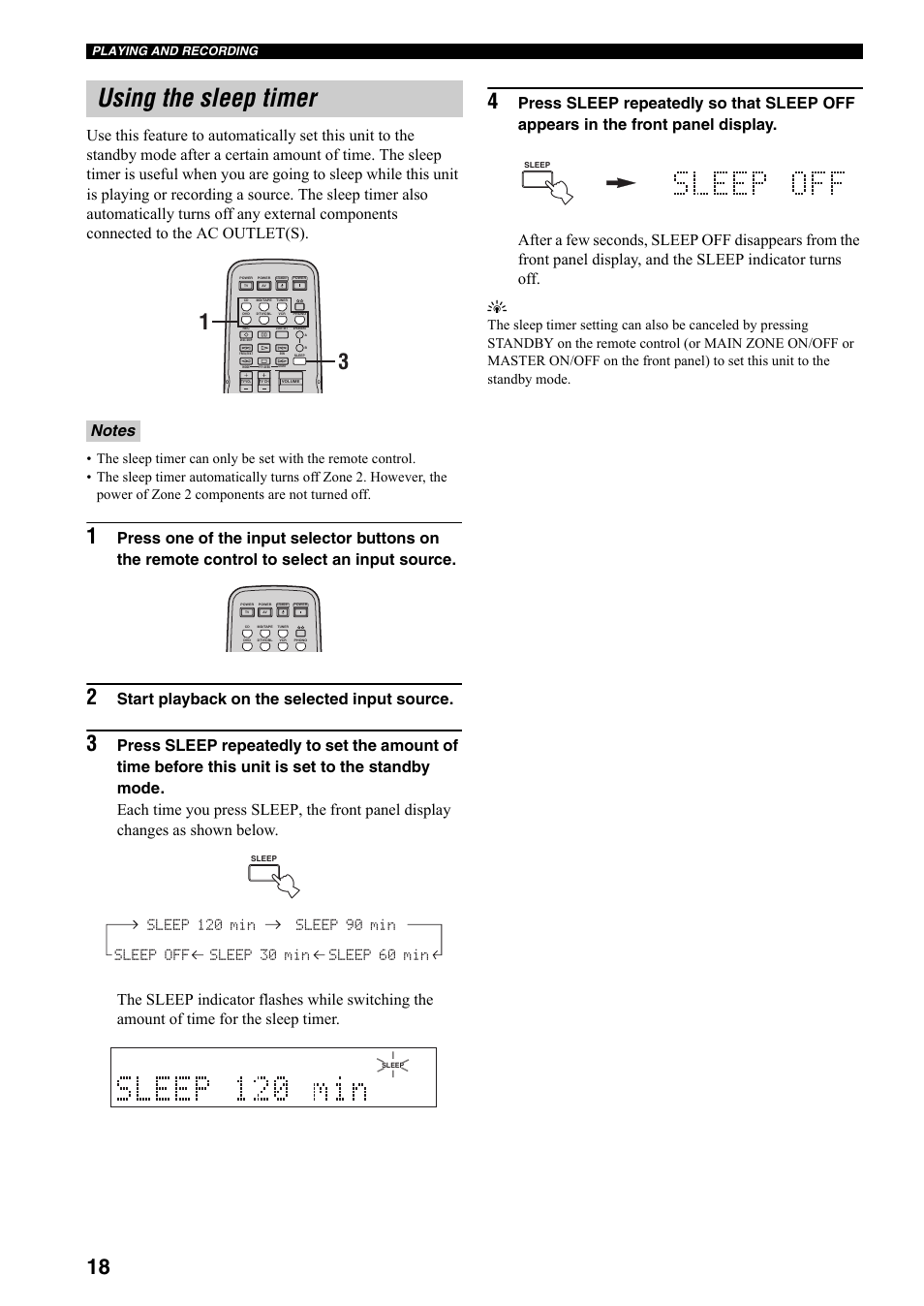 Using the sleep timer, Start playback on the selected input source, Playing and recording | Yamaha RX-497 User Manual | Page 20 / 243