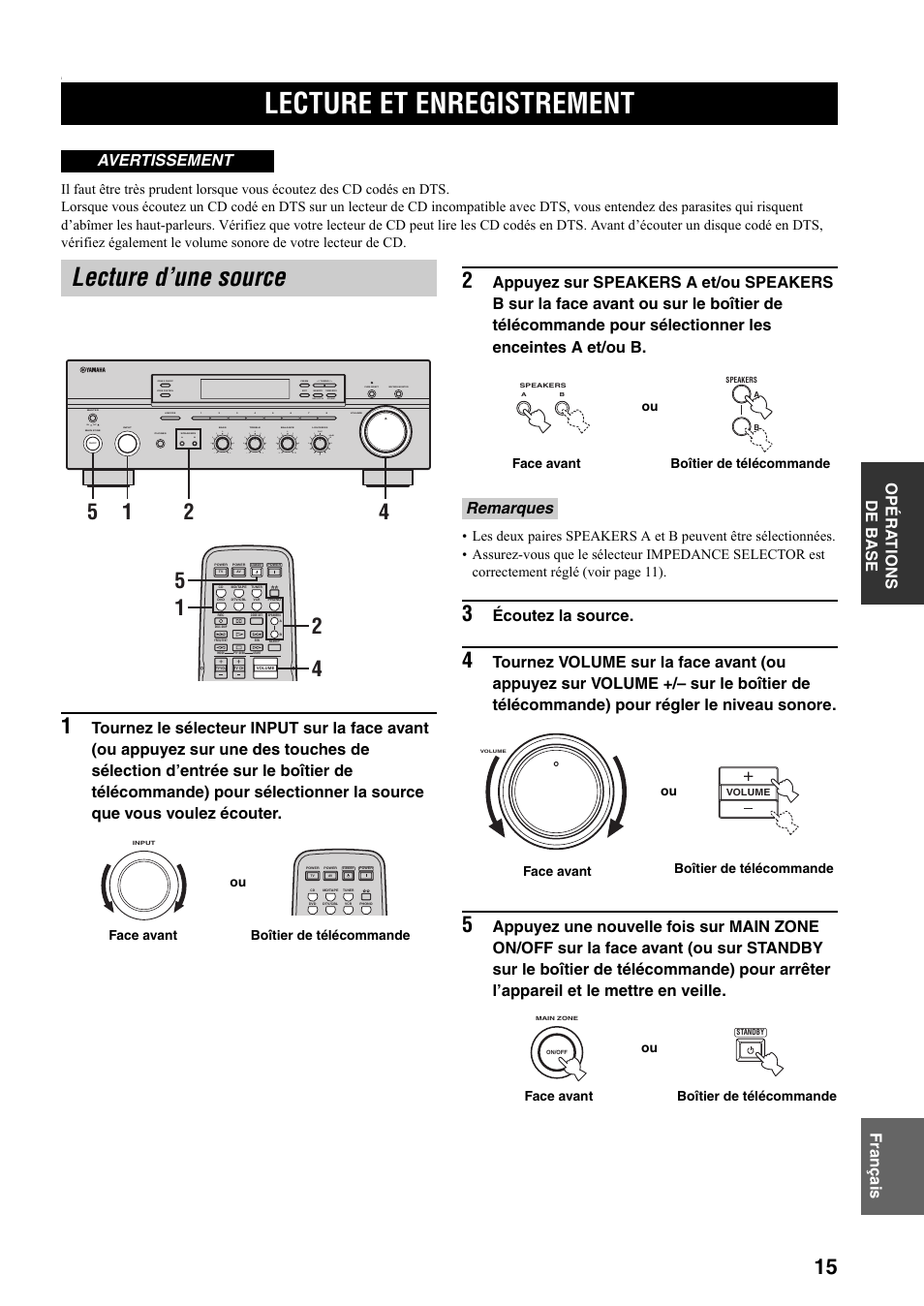 Opérations de base, Lecture et enregistrement, Lecture d’une source | Fr anç a is opéra t io ns de b a se, Écoutez la source, Avertissement, Remarques, On off, Man'l/auto fm, Auto/man'l b a | Yamaha RX-497 User Manual | Page 57 / 243
