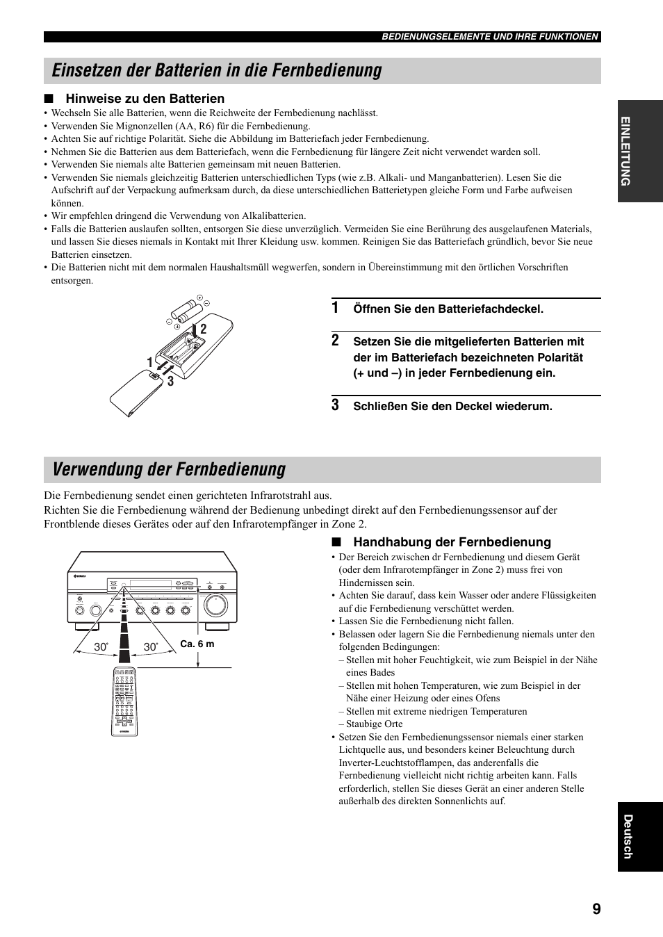 Einsetzen der batterien in die fernbedienung, Verwendung der fernbedienung, Hinweise zu den batterien | Handhabung der fernbedienung | Yamaha RX-497 User Manual | Page 91 / 243