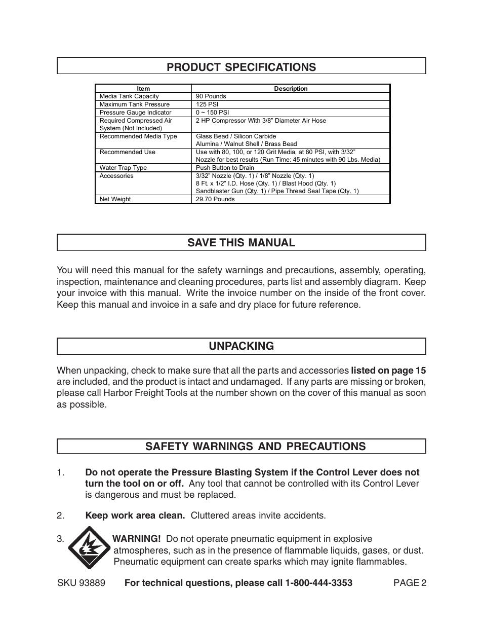 Product specifications save this manual, Safety warnings and precautions, Unpacking | Harbor Freight Tools 93889 User Manual | Page 2 / 16