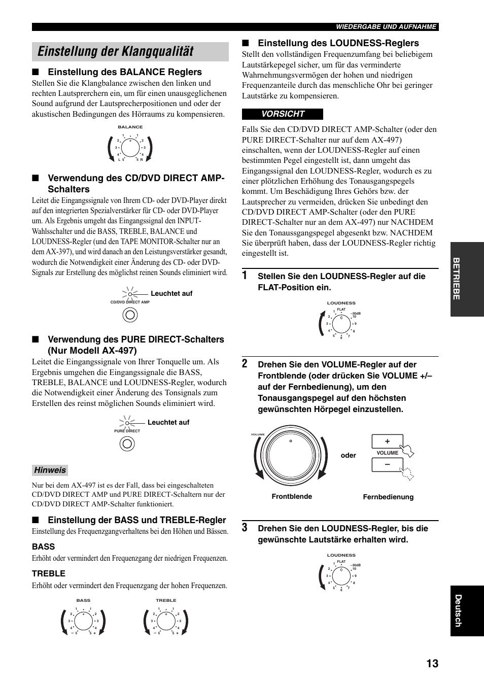 Einstellung der klangqualität, En siehe seite 13, Elheiten siehe seite 13 | Einstellung des balance reglers, Verwendung des cd/dvd direct amp- schalters, Einstellung der bass und treble-regler, Einstellung des loudness-reglers, Betriebe de utsc h, Hinweis, Vorsicht | Yamaha AX-497 User Manual | Page 53 / 116