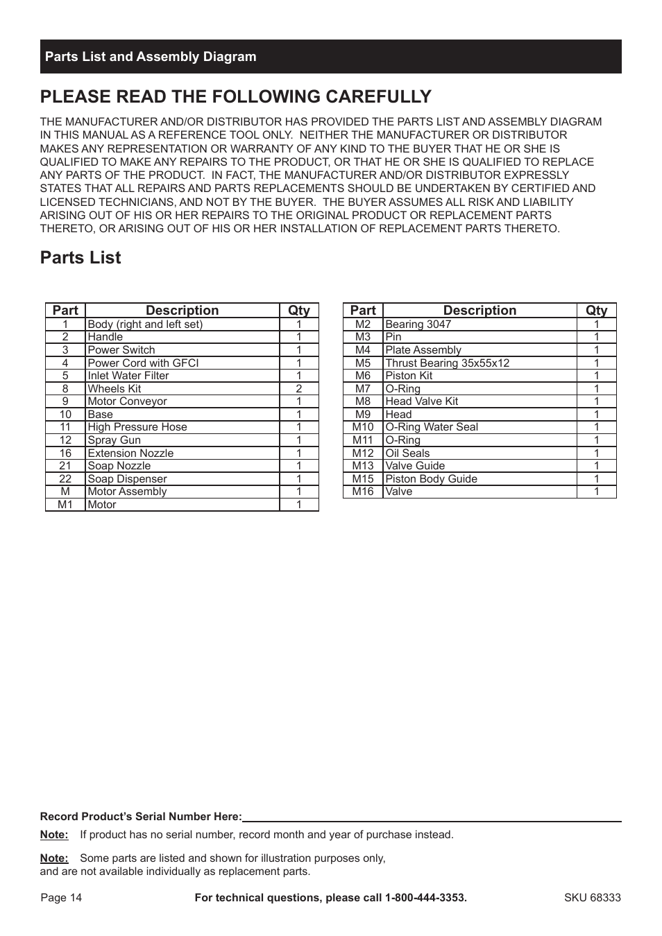 Please read the following carefully, Parts list | Harbor Freight Tools Pacifichydrostar 68333 User Manual | Page 14 / 16