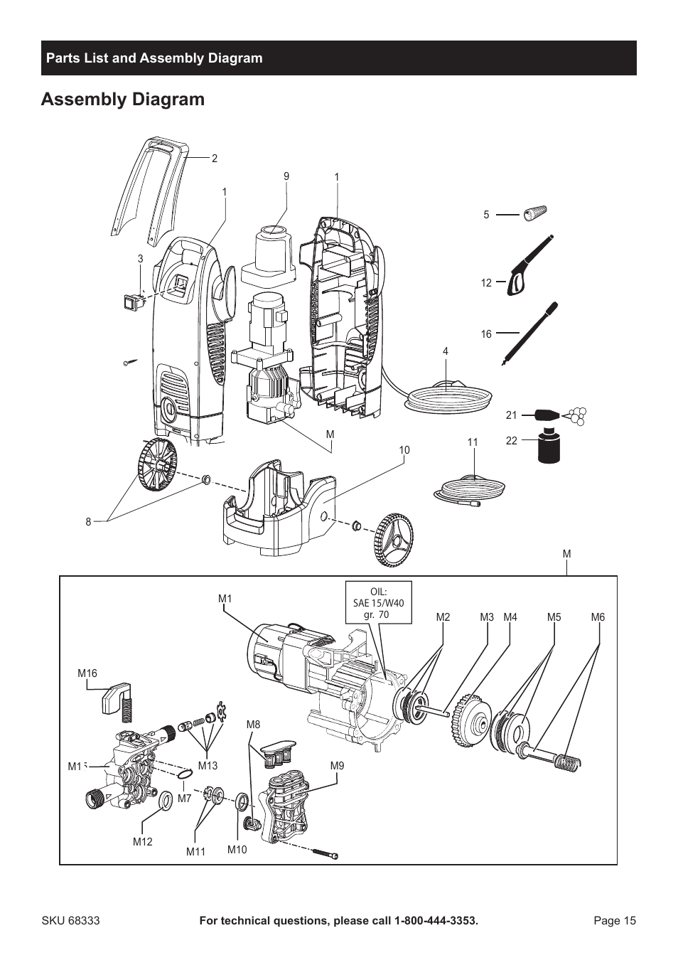 Assembly diagram, Parts list and assembly diagram | Harbor Freight Tools Pacifichydrostar 68333 User Manual | Page 15 / 16